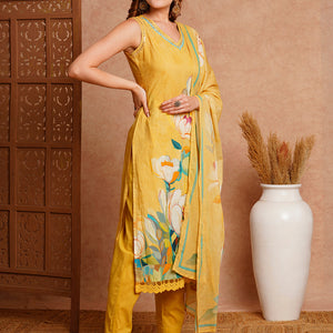 Floral Printed & Embroidered Kurta with Pant & Pure Cotton Dupatta - Yellow