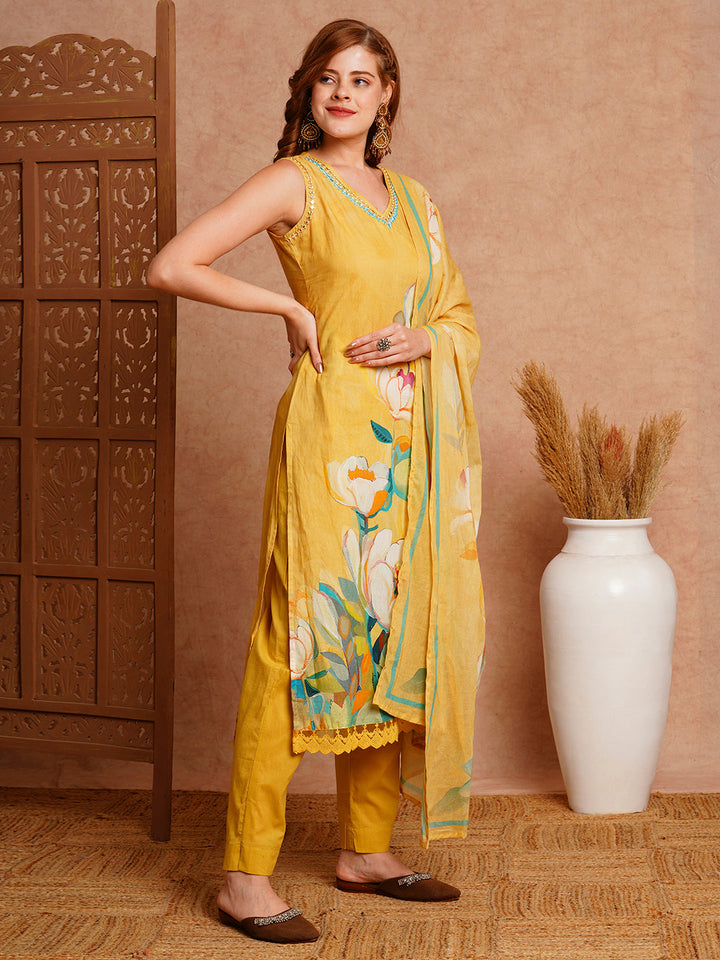 Floral Printed & Embroidered Kurta with Pant & Pure Cotton Dupatta - Yellow