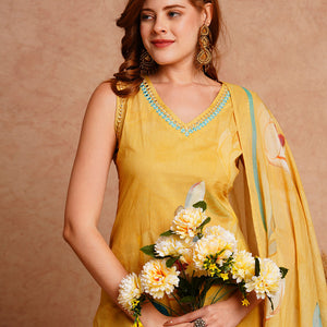 Floral Printed & Embroidered Kurta with Pant & Pure Cotton Dupatta - Yellow