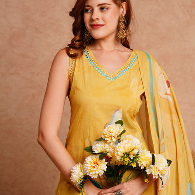 Floral Printed & Embroidered Kurta with Pant & Pure Cotton Dupatta - Yellow