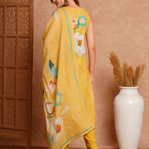 Floral Printed & Embroidered Kurta with Pant & Pure Cotton Dupatta - Yellow