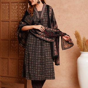 Ethnic Printed & Embroidered A-Line Kurta with Pant & Dupatta - Black