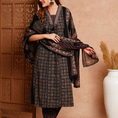 Ethnic Printed & Embroidered A-Line Kurta with Pant & Dupatta - Black