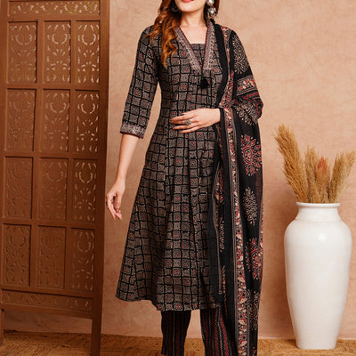 Ethnic Printed & Embroidered A-Line Kurta with Pant & Dupatta - Black