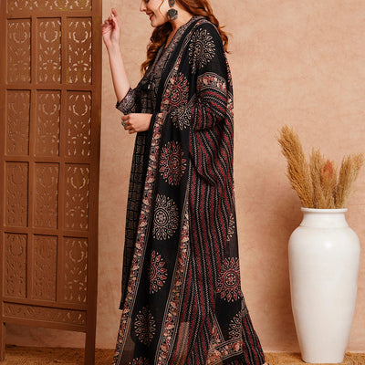 Ethnic Printed & Embroidered A-Line Kurta with Pant & Dupatta - Black