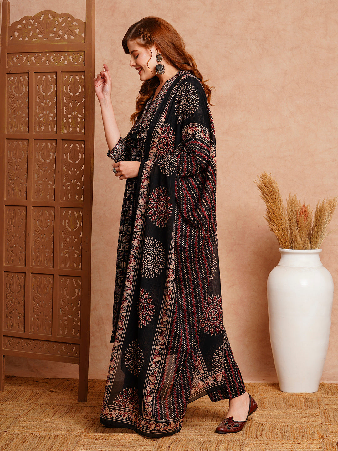 Ethnic Printed & Embroidered A-Line Kurta with Pant & Dupatta - Black