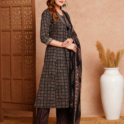 Ethnic Printed & Embroidered A-Line Kurta with Pant & Dupatta - Black