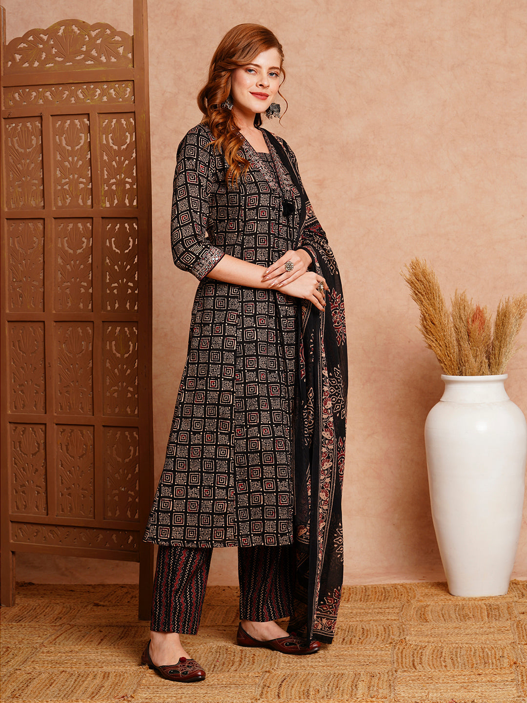 Ethnic Printed & Embroidered A-Line Kurta with Pant & Dupatta - Black