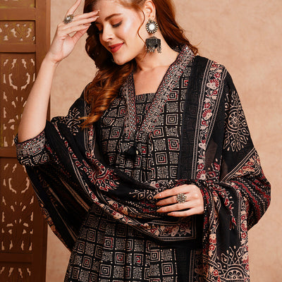 Ethnic Printed & Embroidered A-Line Kurta with Pant & Dupatta - Black