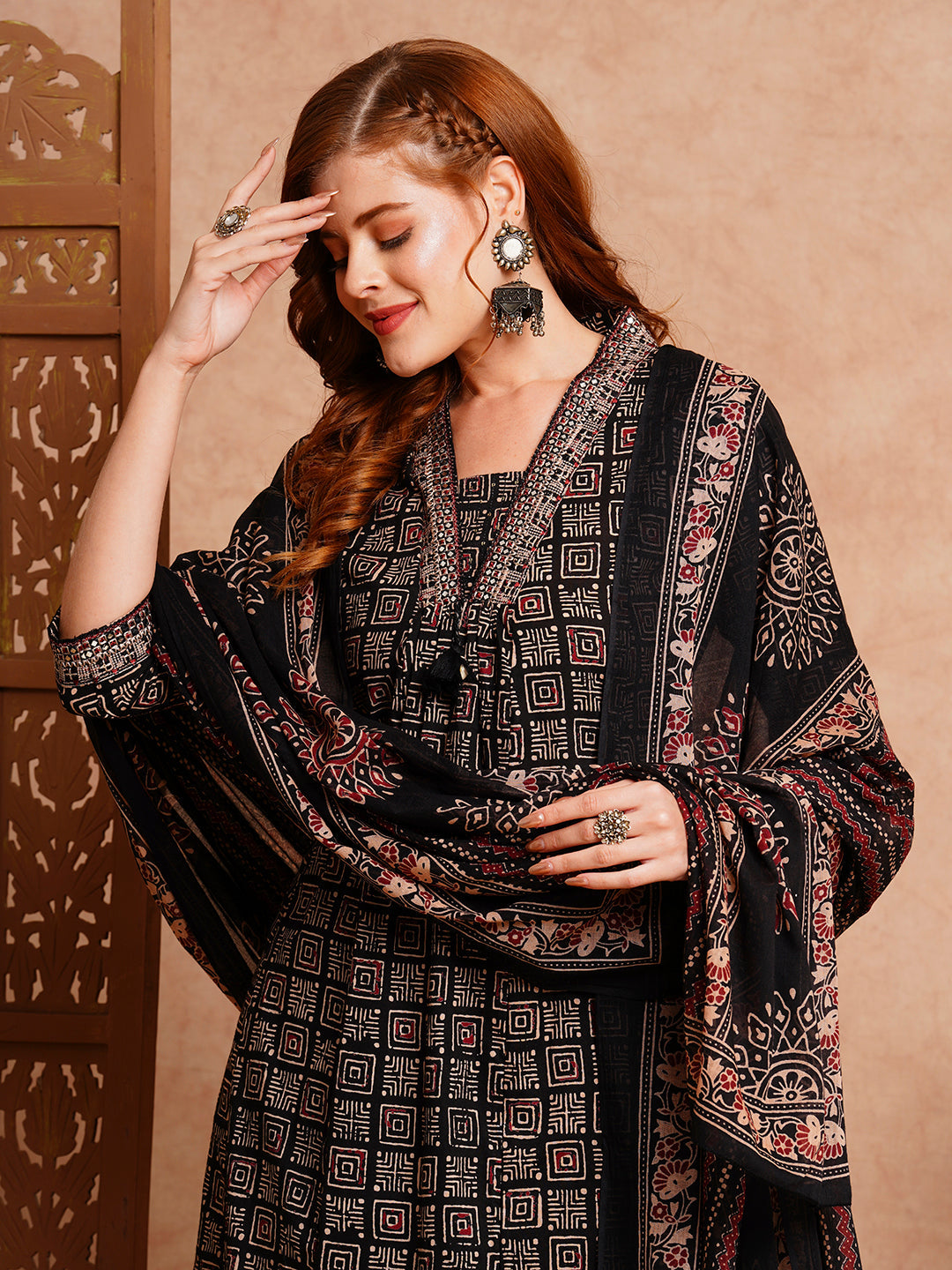 Ethnic Printed & Embroidered A-Line Kurta with Pant & Dupatta - Black