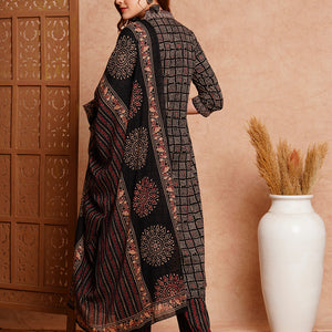 Ethnic Printed & Embroidered A-Line Kurta with Pant & Dupatta - Black