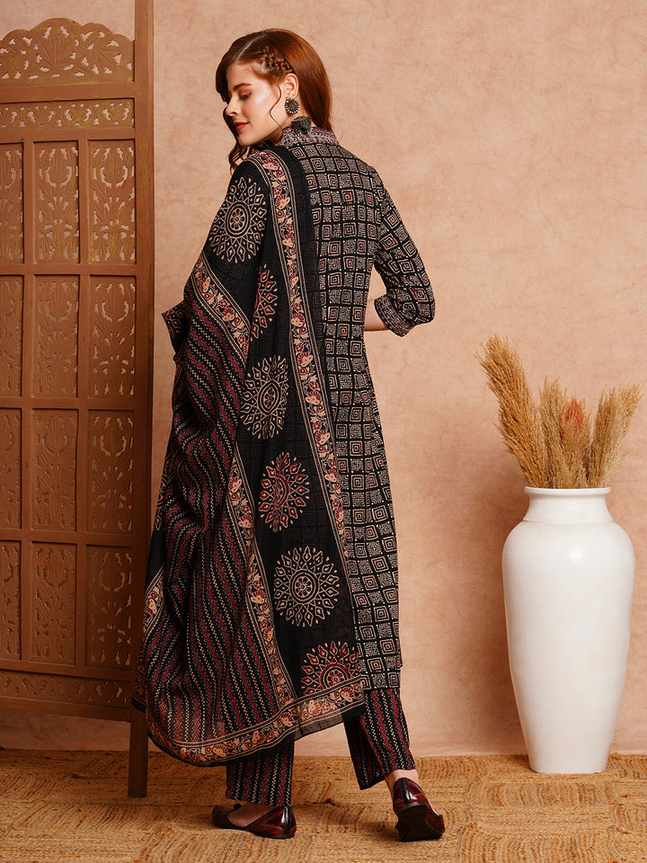 Ethnic Printed & Embroidered A-Line Kurta with Pant & Dupatta - Black