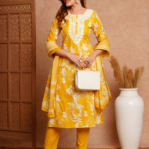 Floral Printed & Chikankari Embroidered Straight Fit Kurta with Pant and Dupatta - Yellow