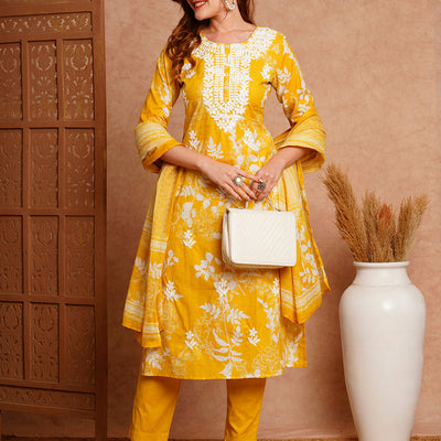 Floral Printed & Chikankari Embroidered Straight Fit Kurta with Pant and Dupatta - Yellow