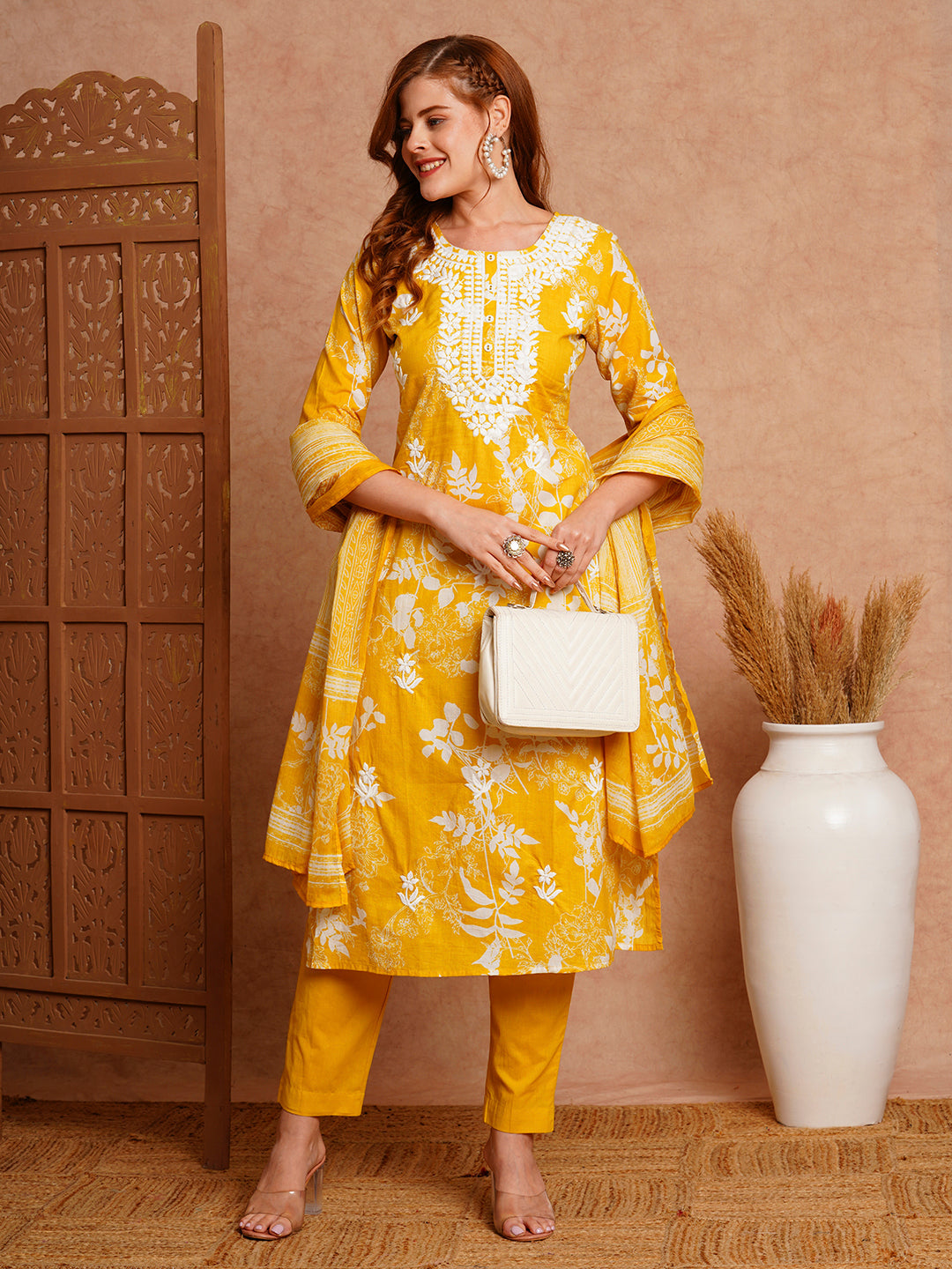 Floral Printed & Chikankari Embroidered Straight Fit Kurta with Pant and Dupatta - Yellow