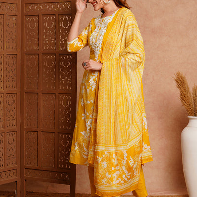 Floral Printed & Chikankari Embroidered Straight Fit Kurta with Pant and Dupatta - Yellow