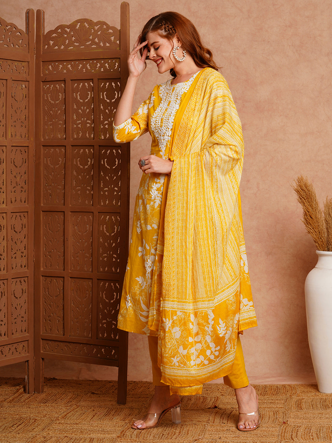 Floral Printed & Chikankari Embroidered Straight Fit Kurta with Pant and Dupatta - Yellow