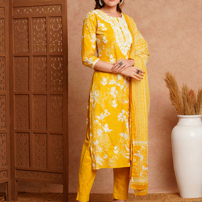 Floral Printed & Chikankari Embroidered Straight Fit Kurta with Pant and Dupatta - Yellow