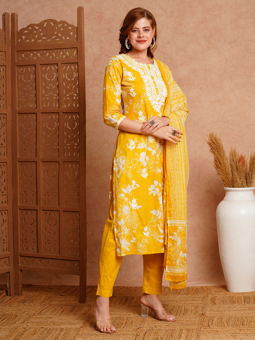 Floral Printed & Chikankari Embroidered Straight Fit Kurta with Pant and Dupatta - Yellow