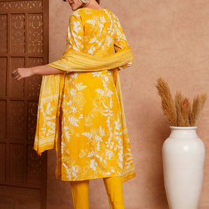 Floral Printed & Chikankari Embroidered Straight Fit Kurta with Pant and Dupatta - Yellow