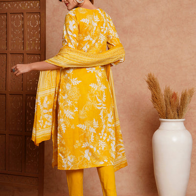 Floral Printed & Chikankari Embroidered Straight Fit Kurta with Pant and Dupatta - Yellow