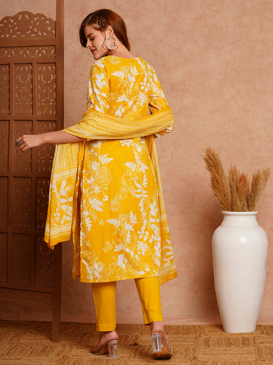 Floral Printed & Chikankari Embroidered Straight Fit Kurta with Pant and Dupatta - Yellow