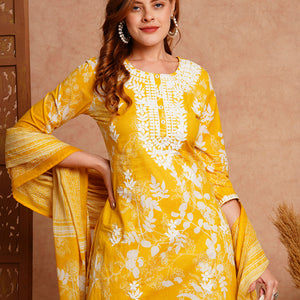 Floral Printed & Chikankari Embroidered Straight Fit Kurta with Pant and Dupatta - Yellow