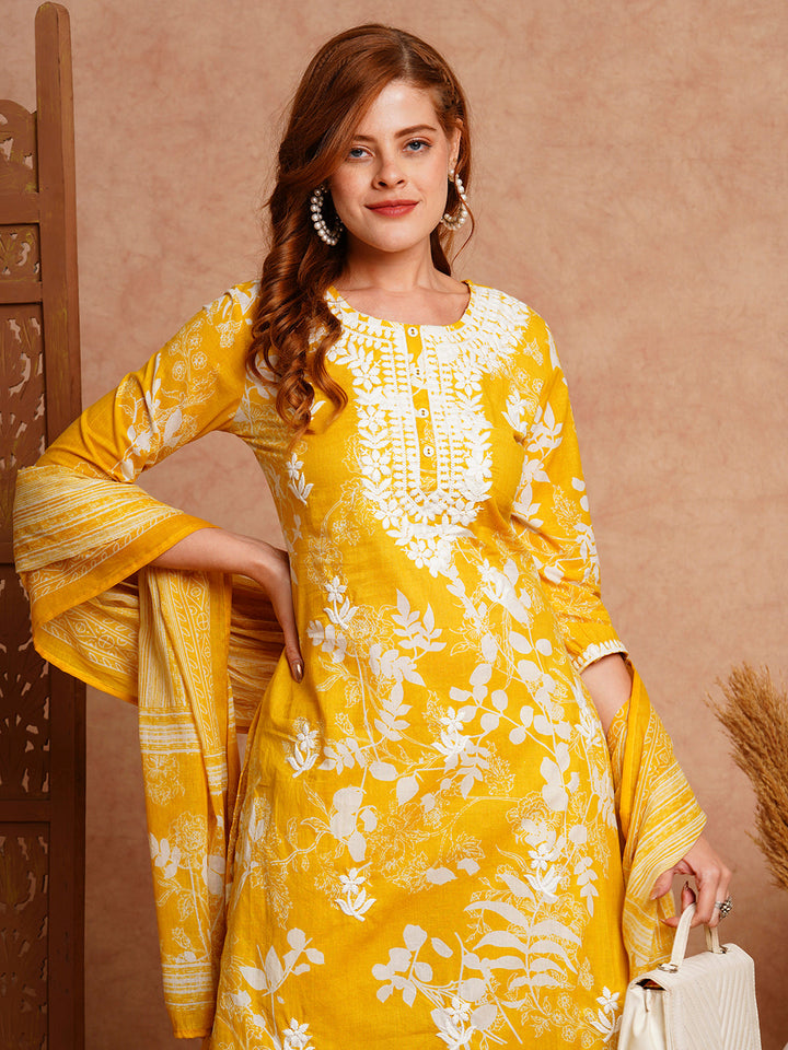 Floral Printed & Chikankari Embroidered Straight Fit Kurta with Pant and Dupatta - Yellow