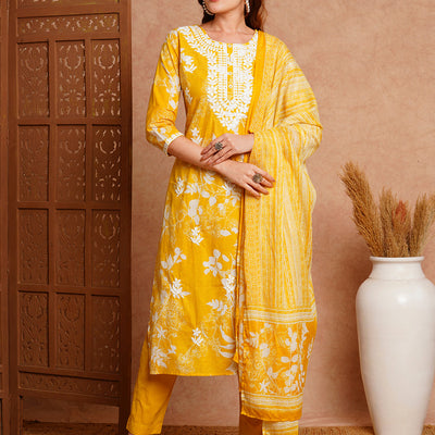 Floral Printed & Chikankari Embroidered Straight Fit Kurta with Pant and Dupatta - Yellow