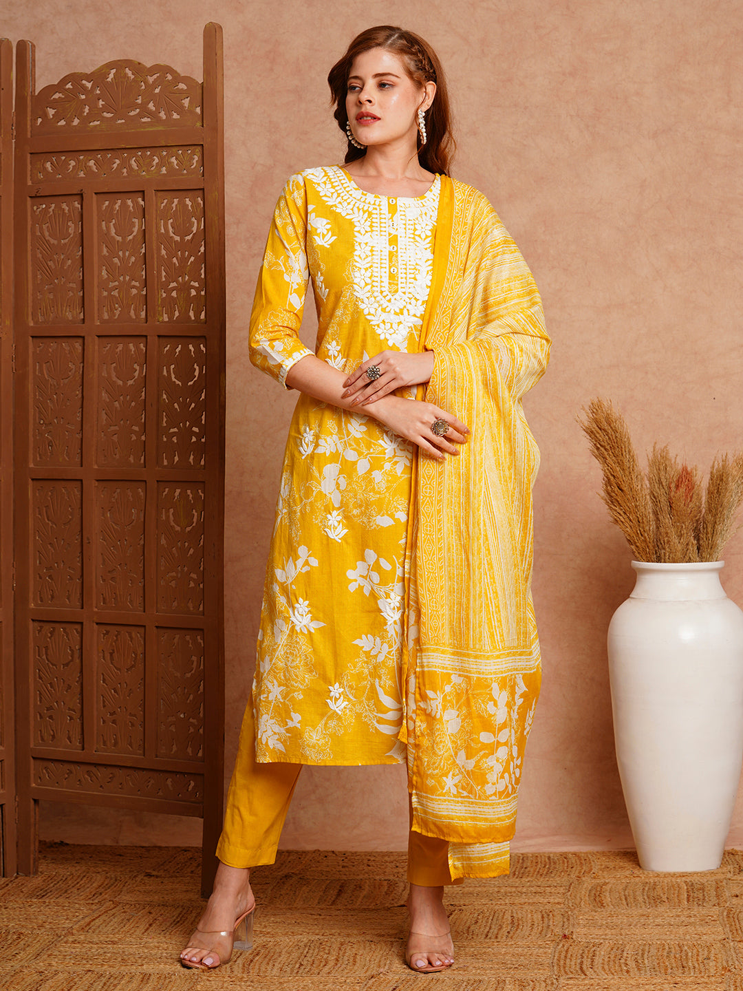 Floral Printed & Chikankari Embroidered Straight Fit Kurta with Pant and Dupatta - Yellow