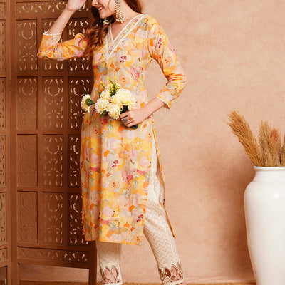Abstract Floral Printed & Embroidered Straight Fit Kurta - Yellow