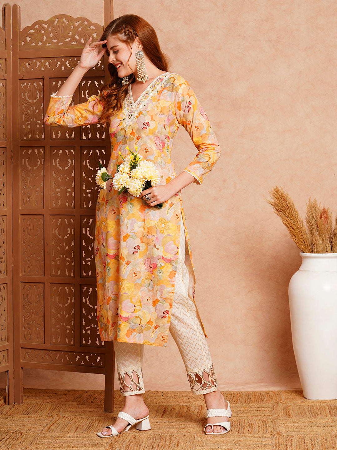 Abstract Floral Printed & Embroidered Straight Fit Kurta - Yellow