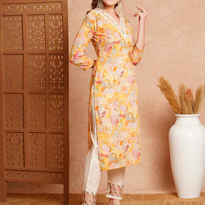 Abstract Floral Printed & Embroidered Straight Fit Kurta - Yellow