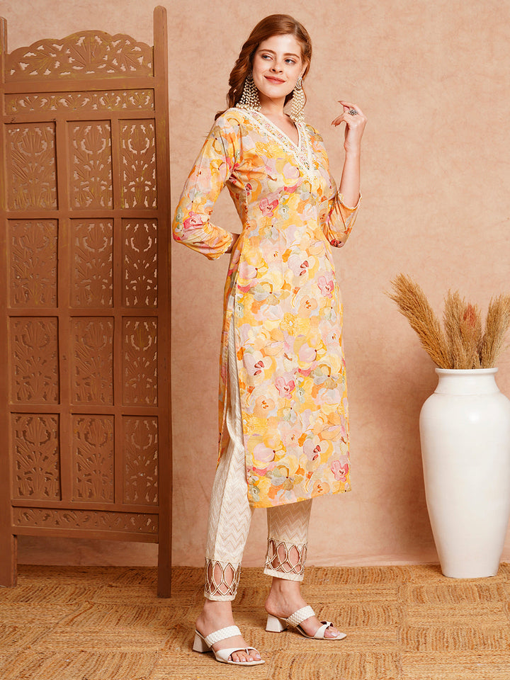 Abstract Floral Printed & Embroidered Straight Fit Kurta - Yellow