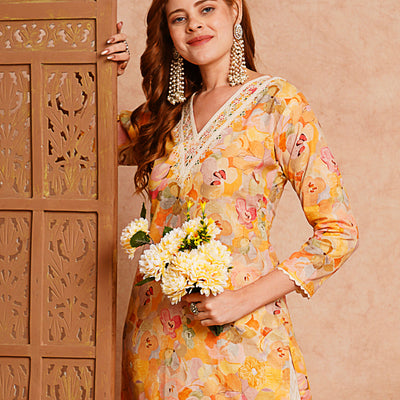 Abstract Floral Printed & Embroidered Straight Fit Kurta - Yellow
