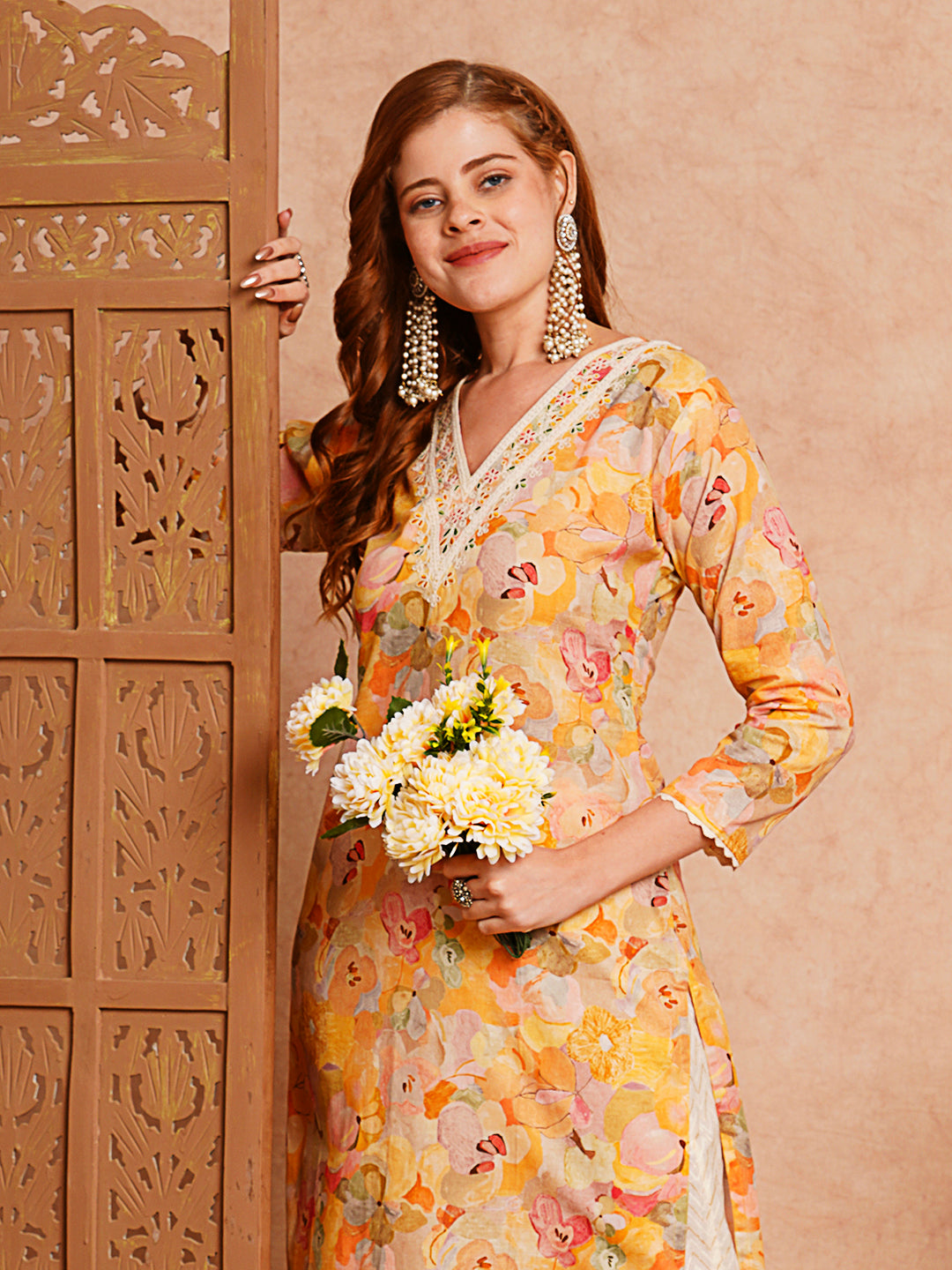 Abstract Floral Printed & Embroidered Straight Fit Kurta - Yellow