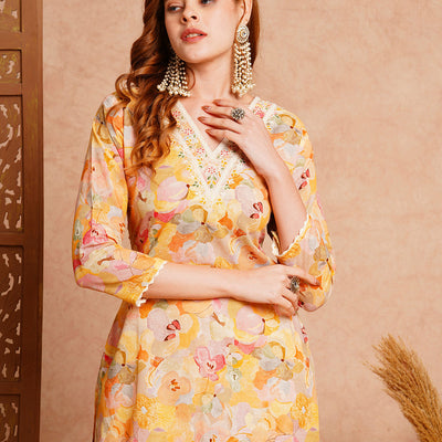 Abstract Floral Printed & Embroidered Straight Fit Kurta - Yellow