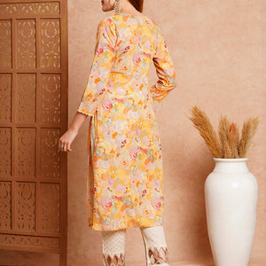 Abstract Floral Printed & Embroidered Straight Fit Kurta - Yellow
