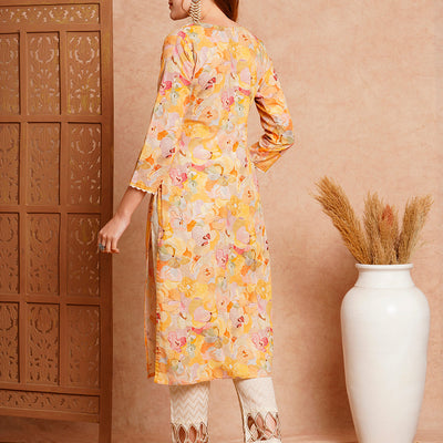 Abstract Floral Printed & Embroidered Straight Fit Kurta - Yellow