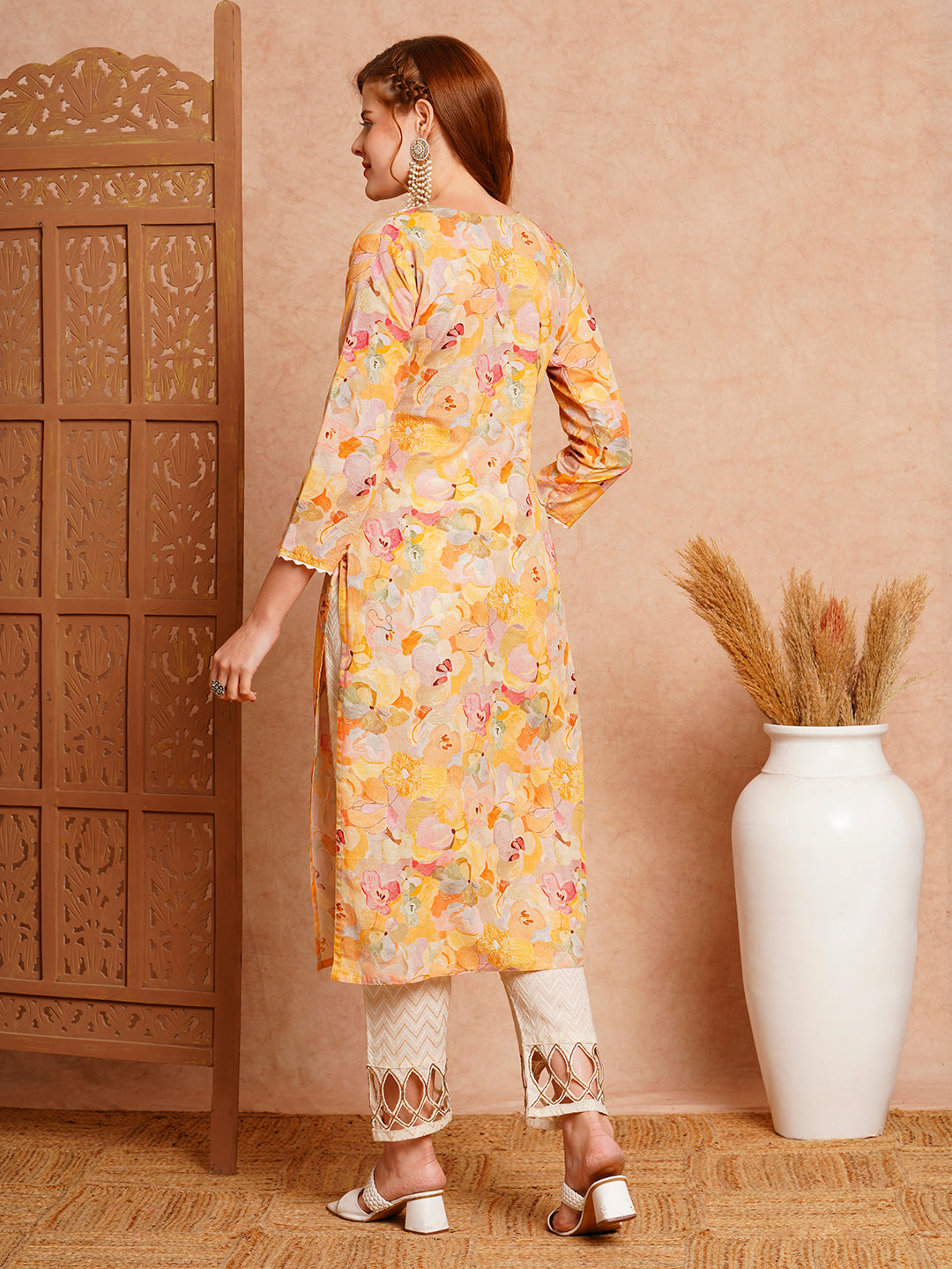 Abstract Floral Printed & Embroidered Straight Fit Kurta - Yellow