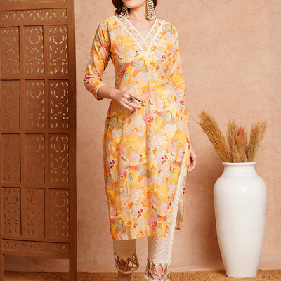 Abstract Floral Printed & Embroidered Straight Fit Kurta - Yellow