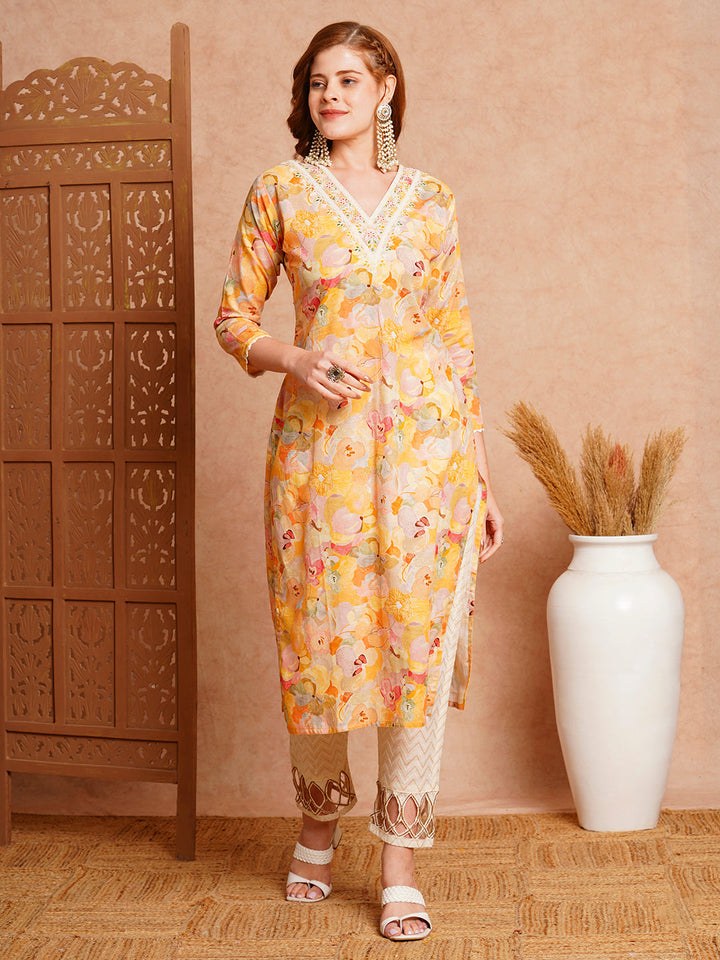 Abstract Floral Printed & Embroidered Straight Fit Kurta - Yellow