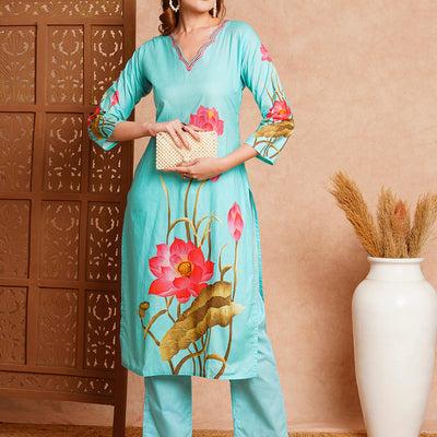 Floral Printed Straight Fit Kurta with Pant - Blue