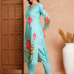 Floral Printed Straight Fit Kurta with Pant - Blue