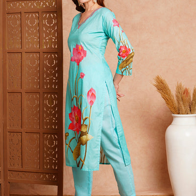Floral Printed Straight Fit Kurta with Pant - Blue