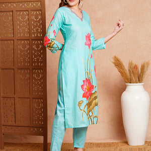 Floral Printed Straight Fit Kurta with Pant - Blue