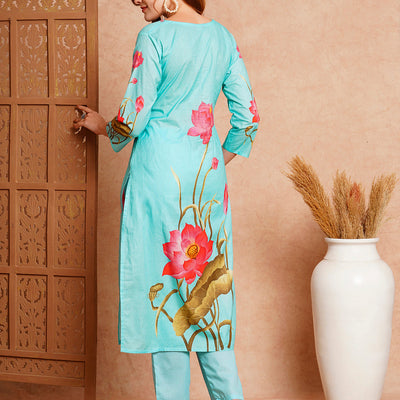 Floral Printed Straight Fit Kurta with Pant - Blue