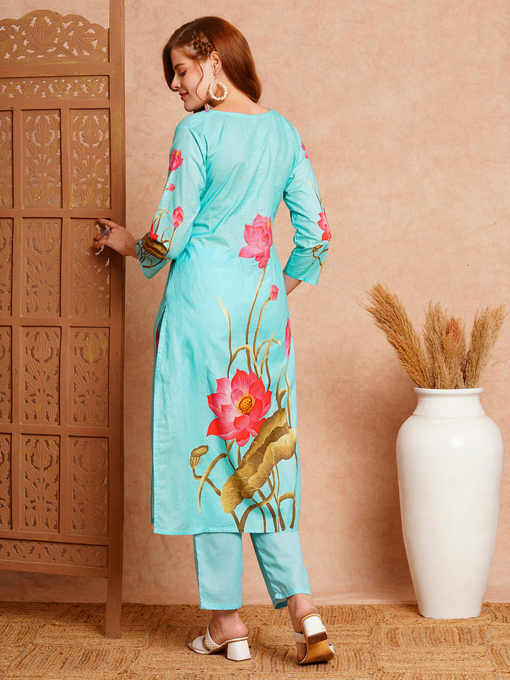 Floral Printed Straight Fit Kurta with Pant - Blue