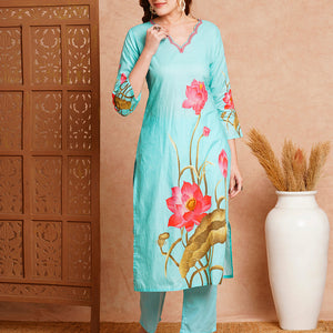 Floral Printed Straight Fit Kurta with Pant - Blue
