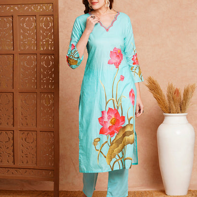 Floral Printed Straight Fit Kurta with Pant - Blue